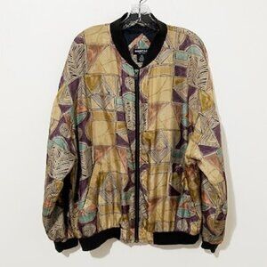 Vintage Montage Pour Homme Men's 100% Silk Bomber Jacket Geometric Print